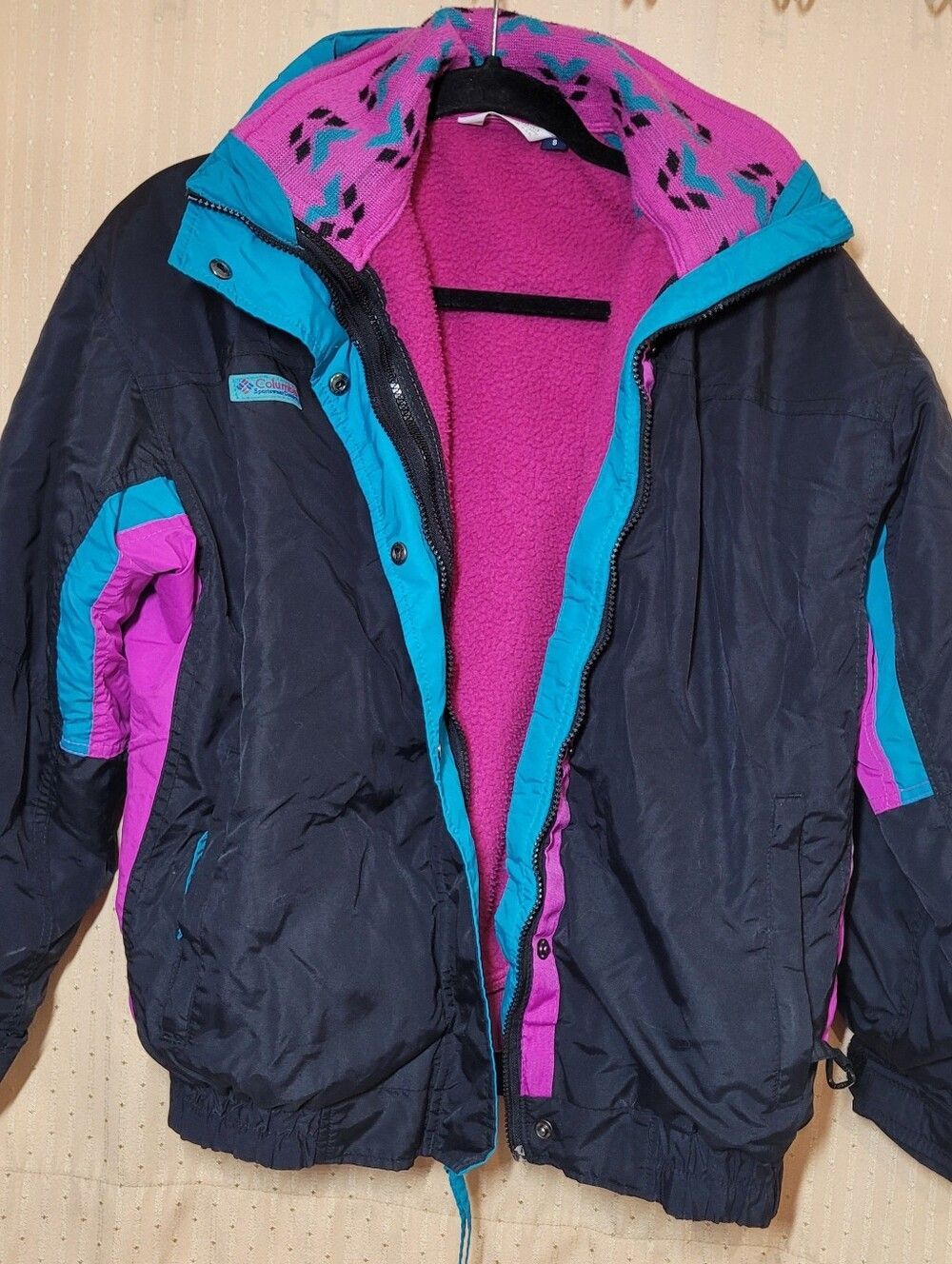 Vtg 80s 90s Columbia Bugaboo 3 in 1 Jacket Womens S Pink Teal Black Made in USA